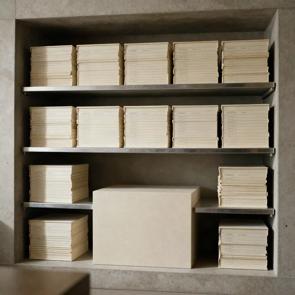 Archive wall of sealed bond listing boxes with metal dividers and a stone podium.