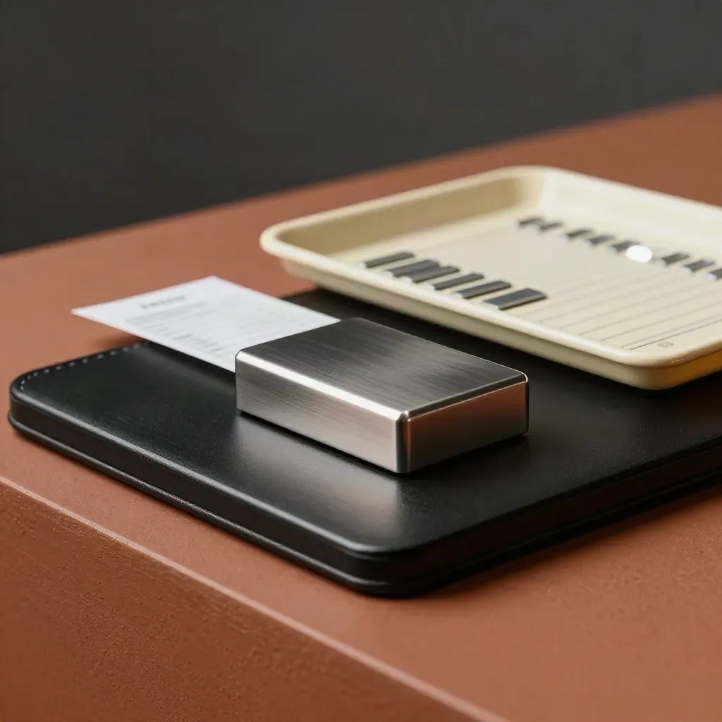 Closed bond order slate, metal confirmation block and trade-log tray on a terracotta plinth.