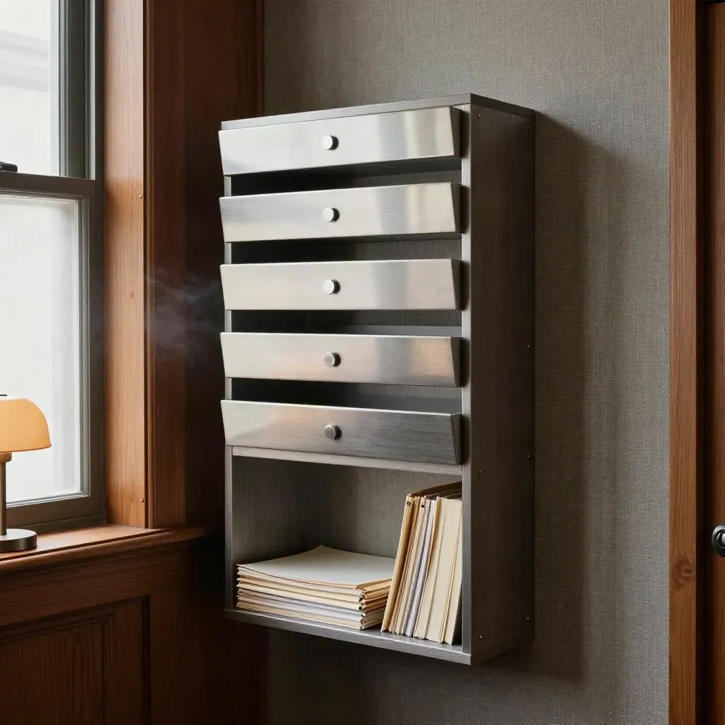 Warm client-bond cabinet with four metal portfolio trays in a cozy finance alcove.