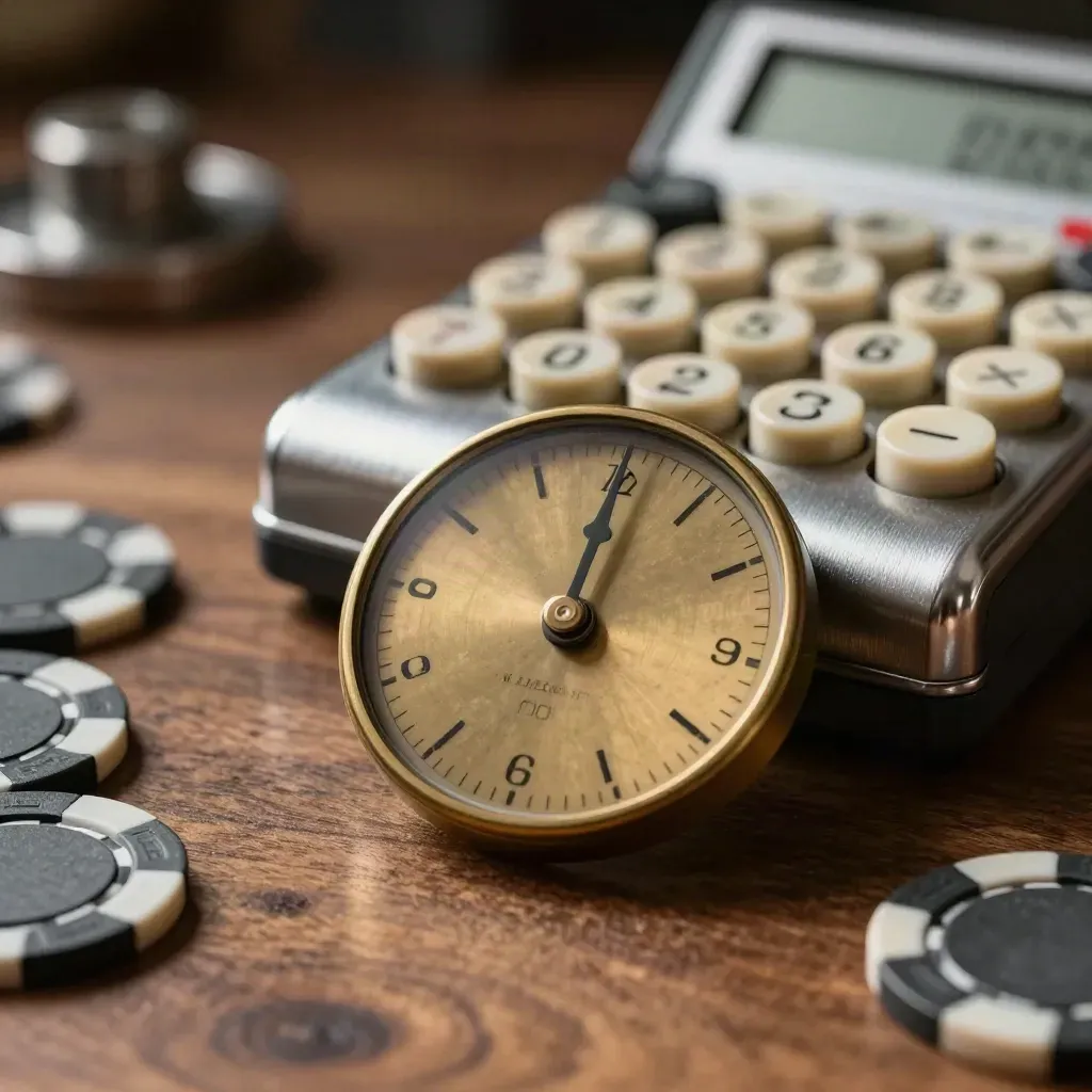 Macro still life of brass yield dial, market calculator, and graphite risk chips on walnut.