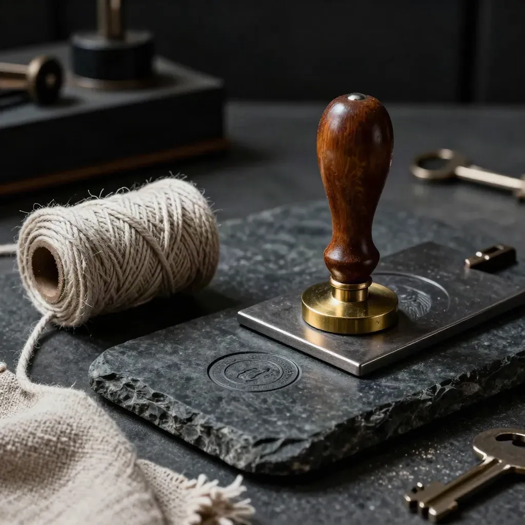 Seal press, wax stamp and linen cord on dark stone in dramatic studio light.
