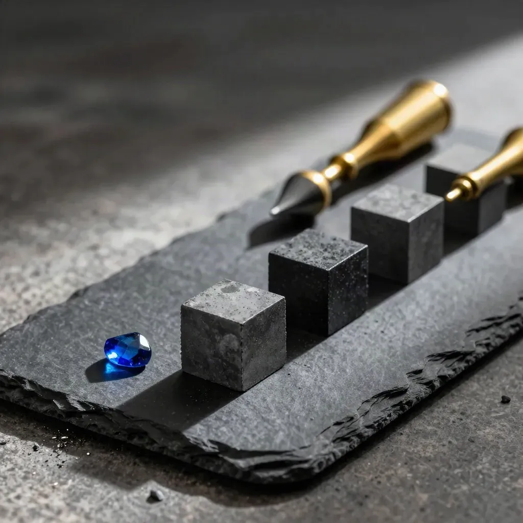 Slate risk cubes and brass markers with a blue glass shard on a dark surface.