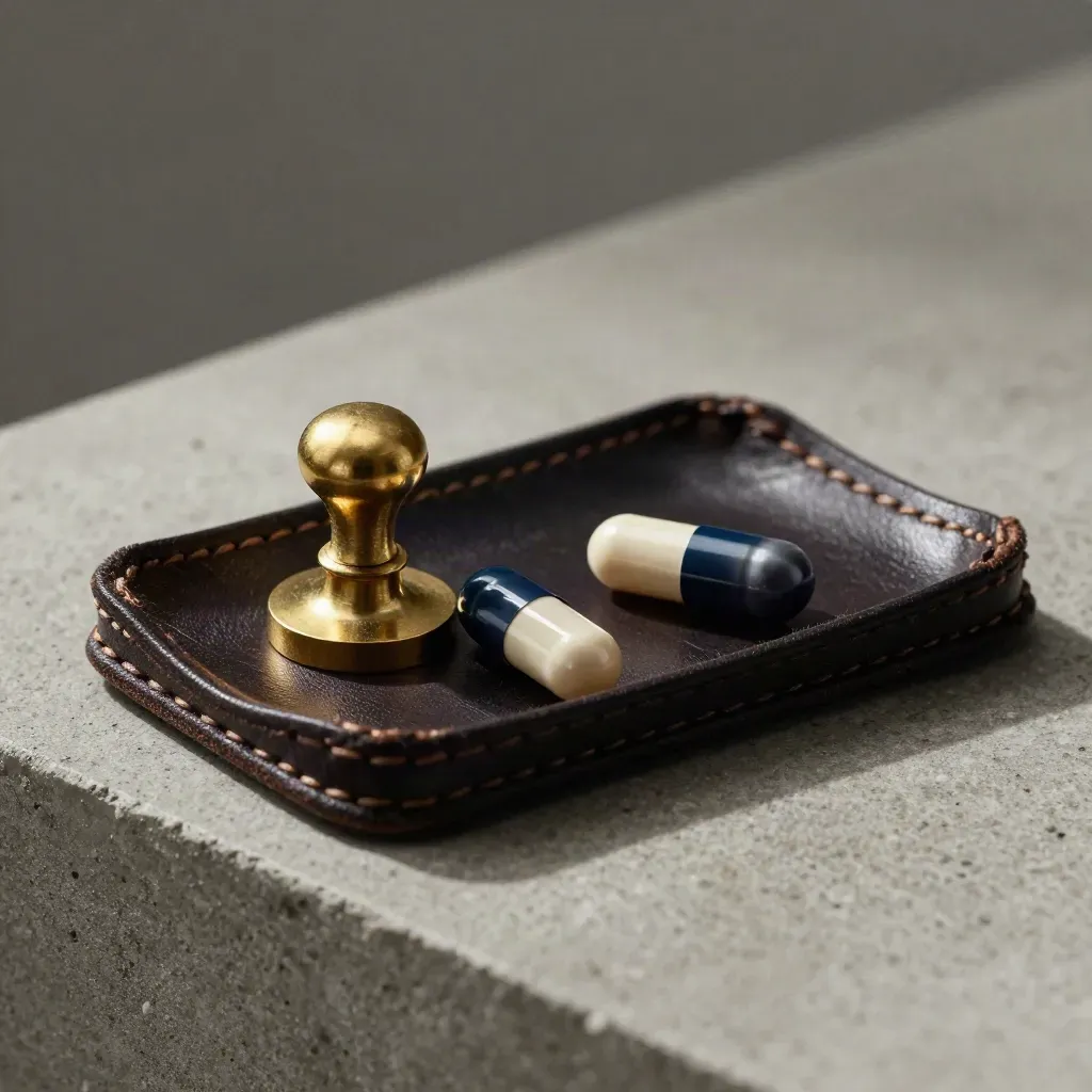Brass-sealed order capsule in a leather tray on concrete with navy accent, lit from upper left.