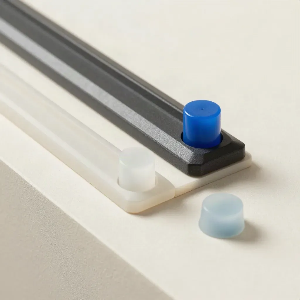 Slate watchlist rail with frosted markers and a blue locator on an ivory plaster surface.