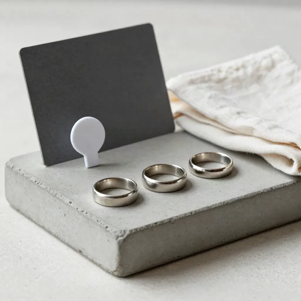 Brushed-metal tokens, silver ring, and white peg on a concrete tray with linen cloth